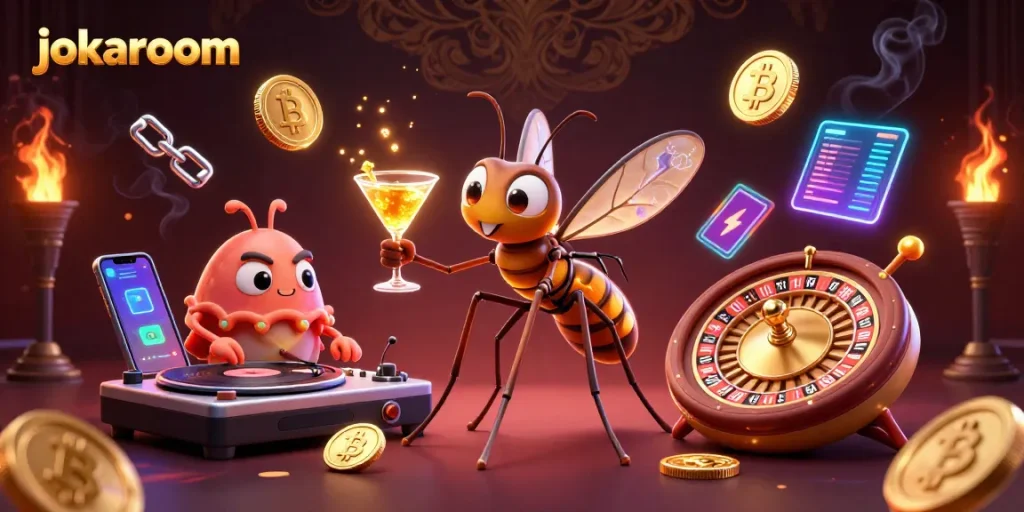 Gambling with jokaroom: the frozen-in-amber mosquito mascot, trilobite DJ, and golden roulette wheel.