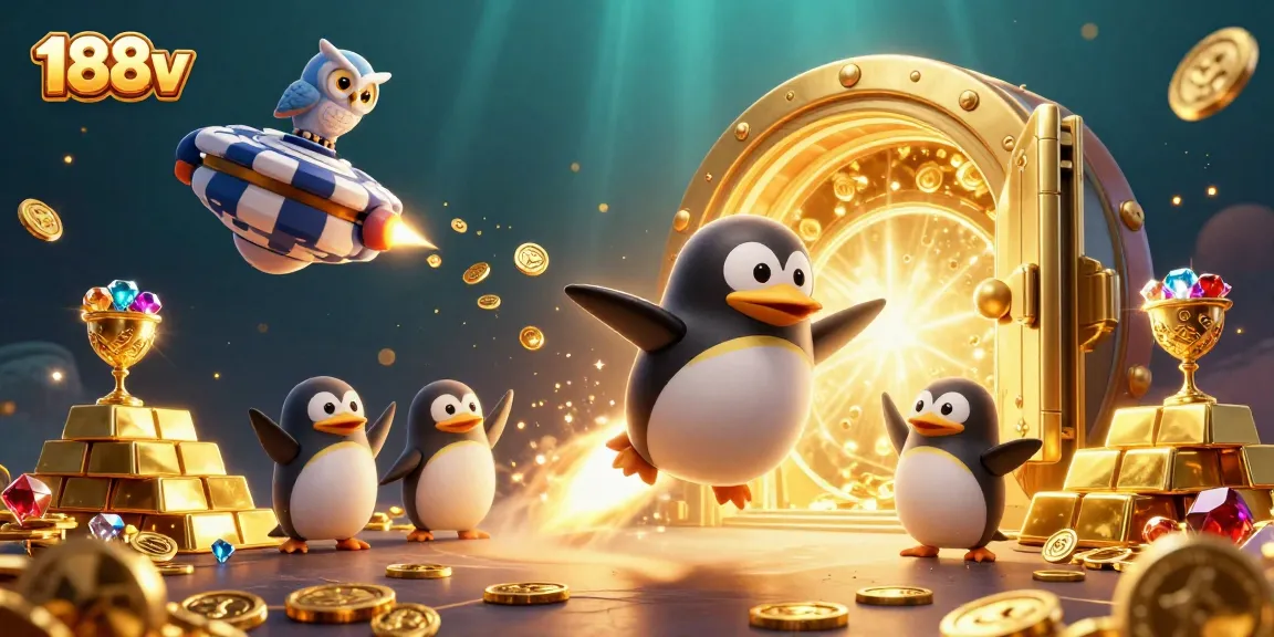 Experience the thrill of 188v as a golden penguin navigates a dazzling casino cosmos with treasure galore.