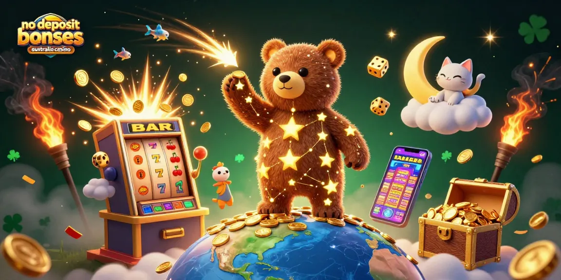 No deposit bonuses Australia casino illustration with 3D bear, slot machine, and treasure.