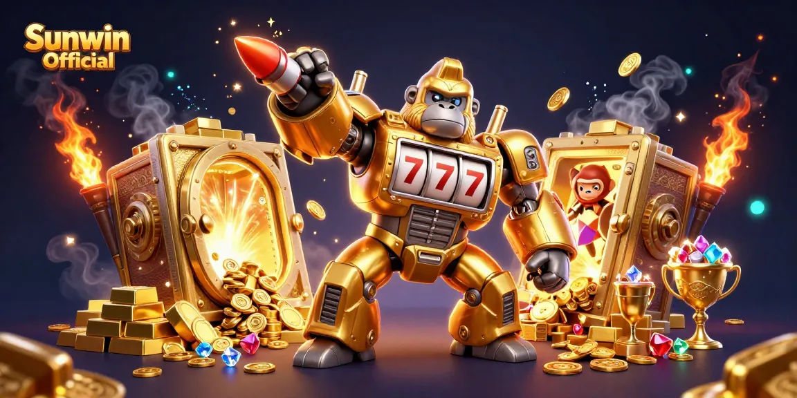 Play thrilling games at Sunwin Official with an energetic golden gorilla mech and sparkling treasure.