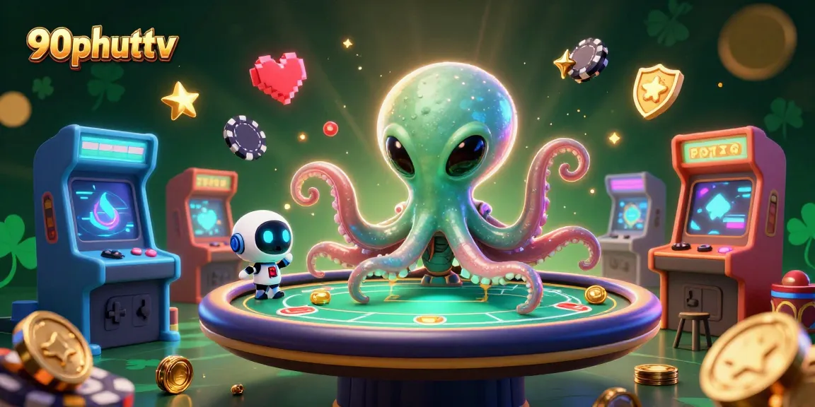 90phuttv alien octopus with poker table in a vibrant cartoon casino scene.