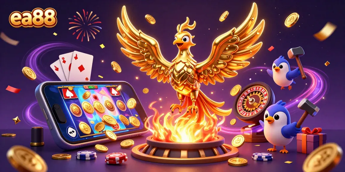 Engage with the exciting world of ea88, showcasing a molten phoenix and dynamic casino elements.