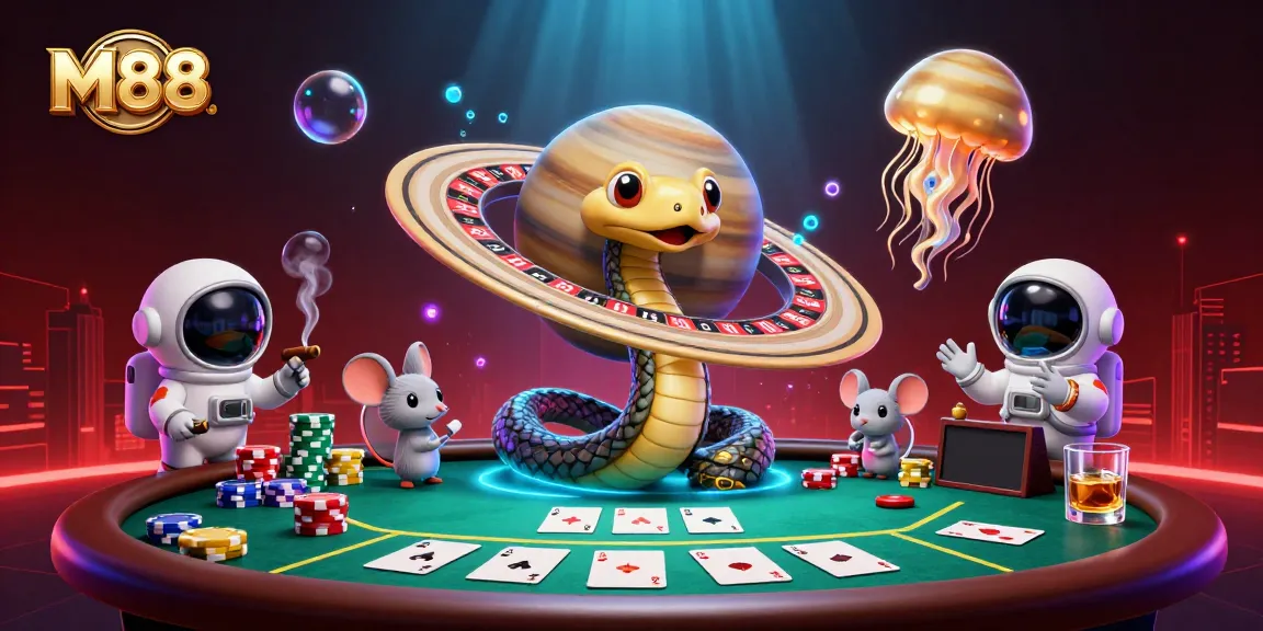 Experience M88's vibrant casino universe with astronauts betting amidst a cosmic roulette scene.