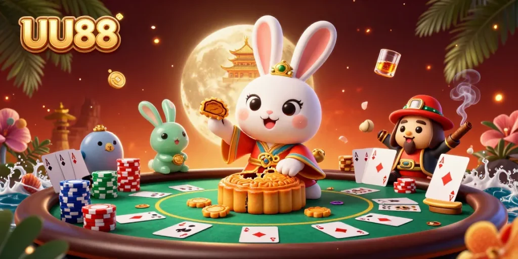 Experience UU88's vibrant gambling universe as a moon rabbit reveals poker chips on the lunar surface.