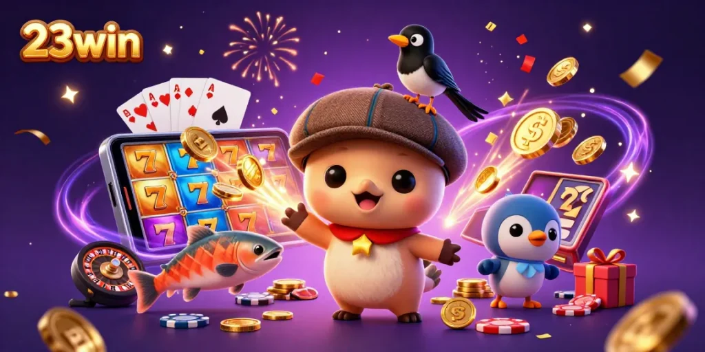 Spin the reels with 23win’s vibrant casino illustration featuring cartoon characters and dynamic game elements.
