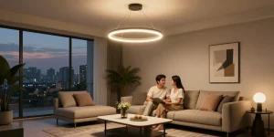 Candelabru living elegant în living modern, oferind lumină caldă într-o atmosferă primitoare.
