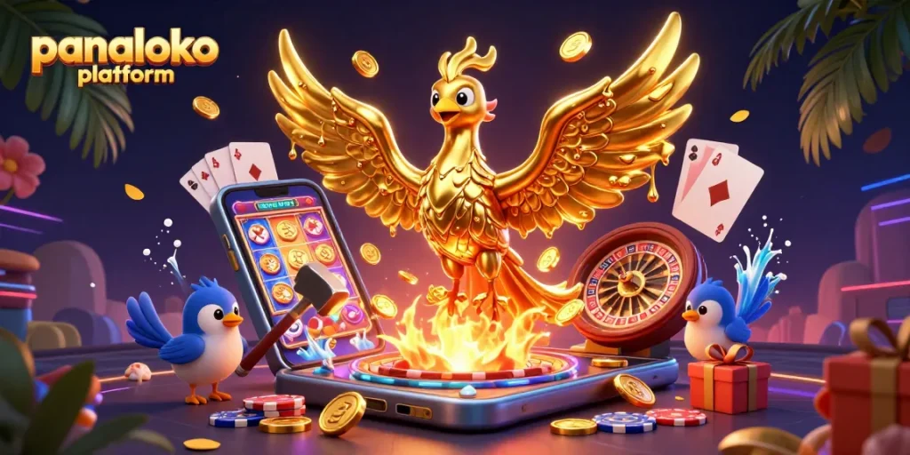 Experience the excitement of the panaloko platform with a molten golden phoenix amidst dynamic casino elements.