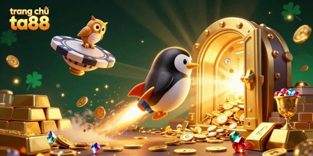 Engage with the thrilling casino space adventure at trang chủ ta88 with golden treasures and a lively penguin.