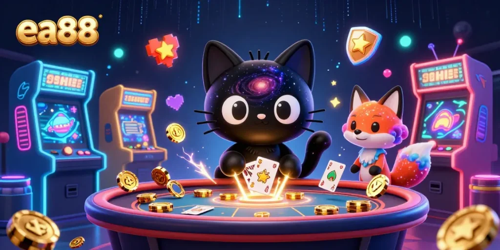 ea88 casino scene featuring a captivating black hole cat and colorful nebula fox, attracting golden chips