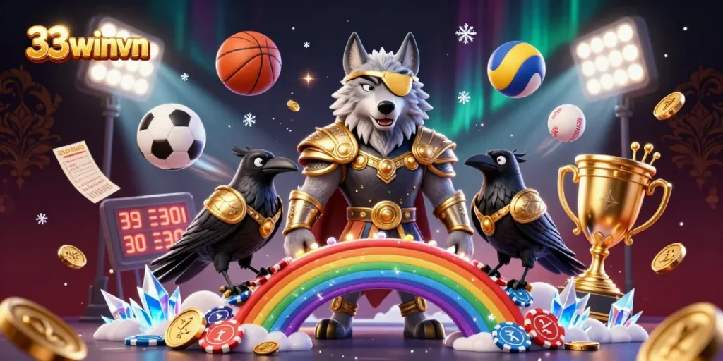 Engage in thrilling gameplay at 33winvn, featuring an epic Norse wolf and ravens over a vibrant casino bridge.
