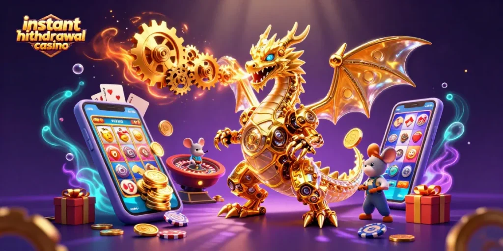 Experience the thrill of instant withdrawal casinos with a golden dragon, colorful slot games, and dynamic gaming elements.