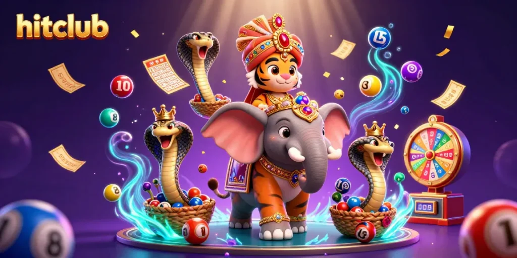 Engage with hitclub's exciting gaming scene featuring vibrant illustrations of maharaja and elephant, alongside lottery elements.