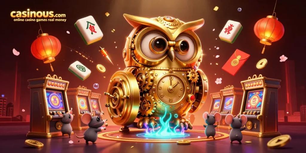 Casinous.com online casino games real money features a dynamic 3D scene showcasing a golden owl and lively mice amidst vibrant casino elements.