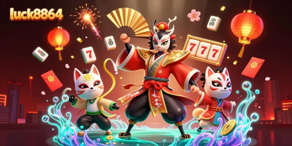 Engage in thrilling slots at luck8864 with a vibrant 3D casino scene featuring iconic symbols.