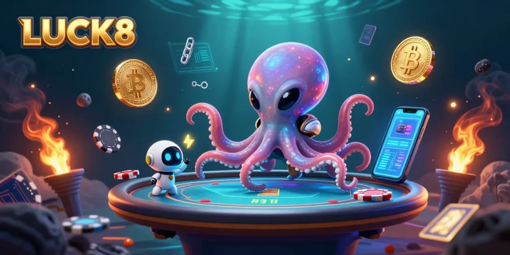 LUCK8 players engage with a 3D cartoon alien octopus at a holographic poker table surrounded by glowing bitcoin and ethereum coins.