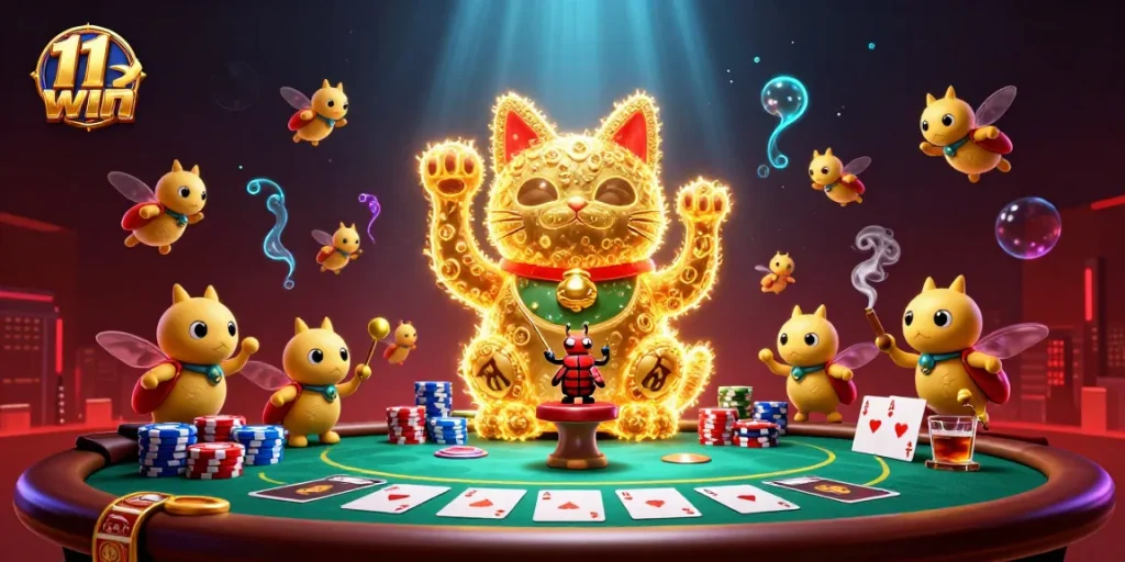 Engage with stunning 3D casino illustration featuring 11 win's lucky cat amidst vibrant poker action and glowing ambiance.