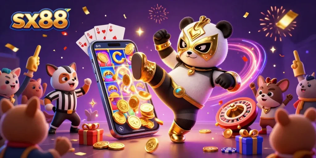 SX88 showcases a lively 3D illustration with a wrestling panda and chihuahua referee in a vibrant casino atmosphere.