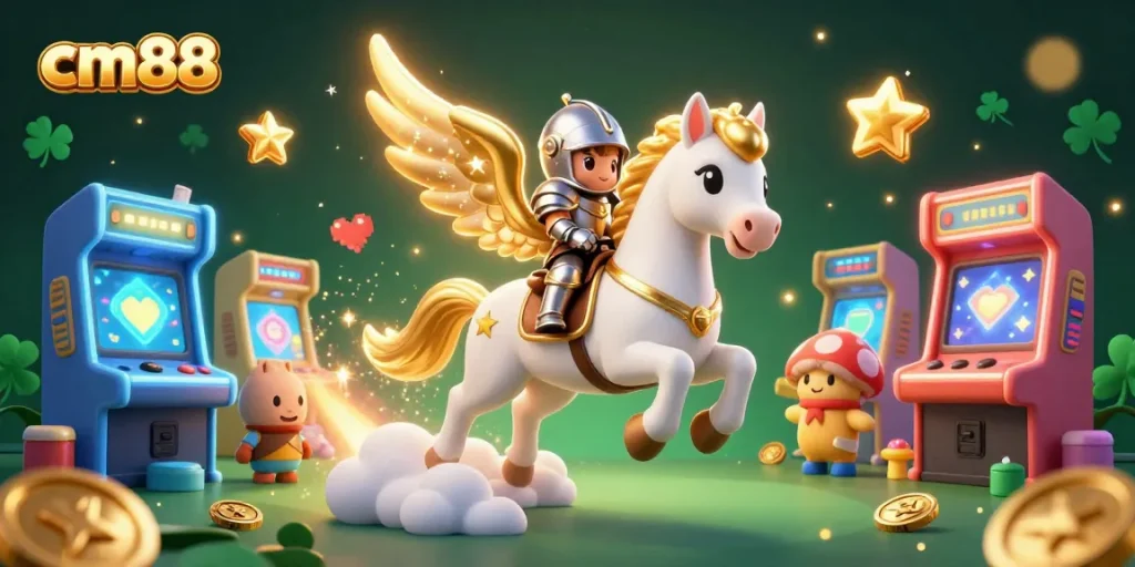 Experience exciting gameplay at cm88 with a 3D cartoon illustration of a celestial knight on a whimsical horse.