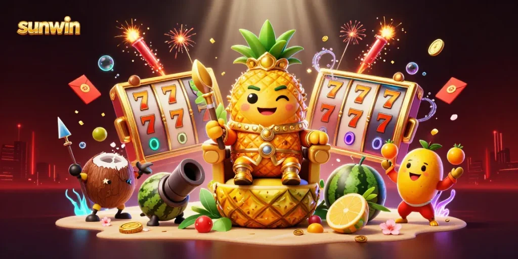 Experience the vibrant world of sunwin with a golden pineapple king amidst casino elements.