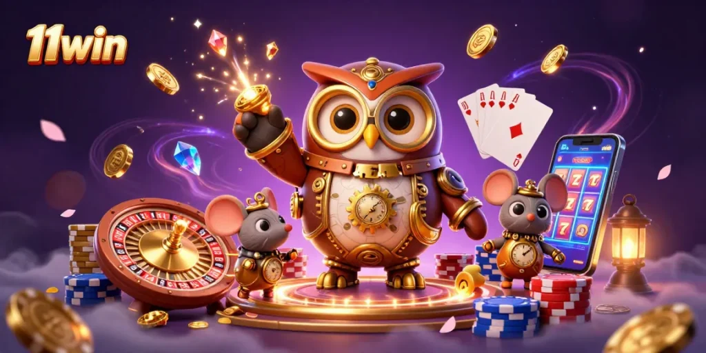 Engaging 3D casino illustration combining steampunk owl and clockwork mouse for 11win.