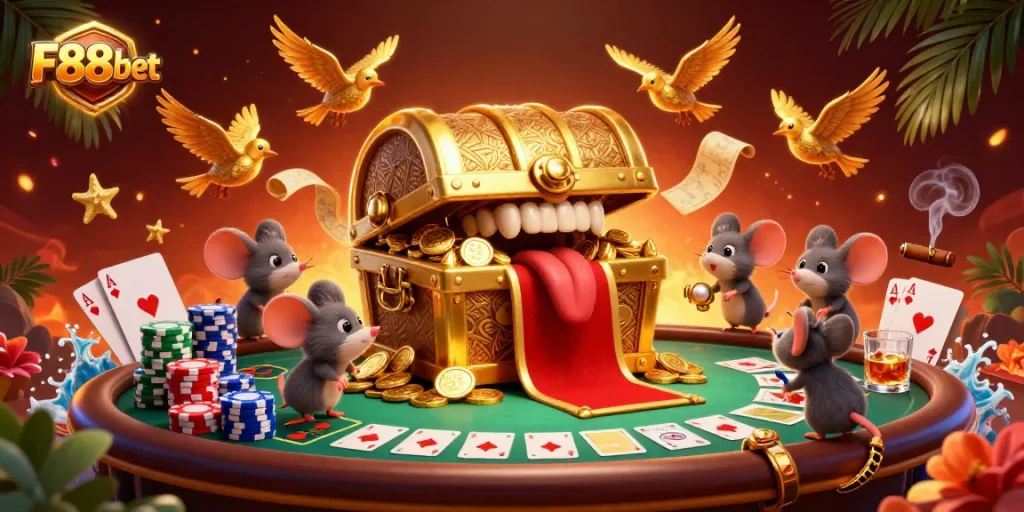 Experience excitement at F88bet with adventurous mice and golden treasures in a vibrant casino scene.