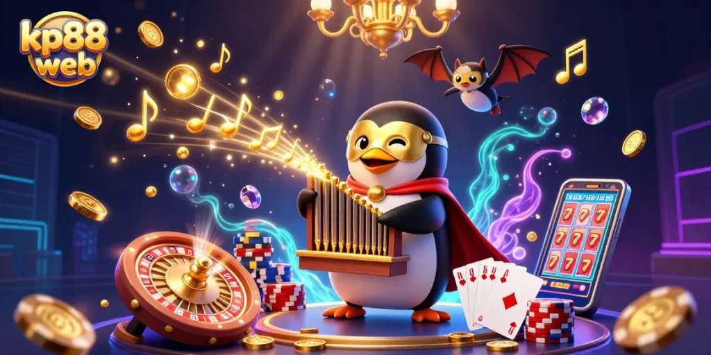 Win big on kp88 web with engaging casino elements like golden coins, poker chips, and vibrant neon lights.