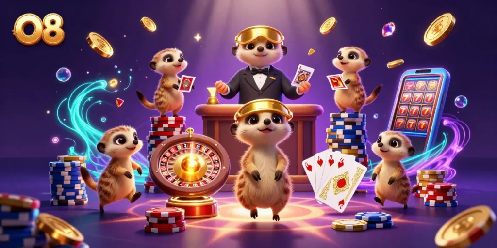 Join the excitement at O8's casino, where meerkats deal cards and golden chips fly!