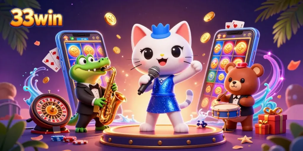 Engage with a vibrant casino scene featuring 33win's dynamic characters and thrilling game elements.