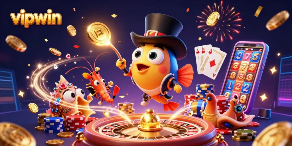 Win big with vipwin in this vibrant casino scene featuring 3D characters and dazzling game elements.