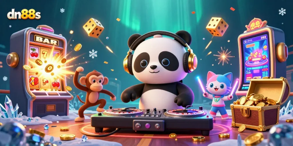 Experience the vibrant energy of dn88s with a lively 3D casino scene showcasing dynamic characters and gaming elements.