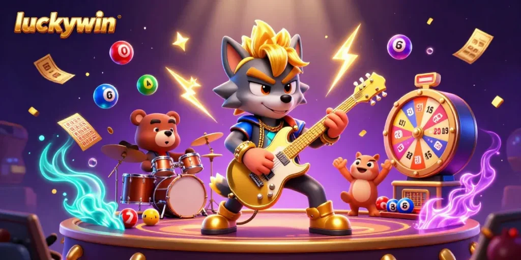 Experience the thrill of luckywin as vibrant lottery balls bounce around a rock star wolf shredding guitar.