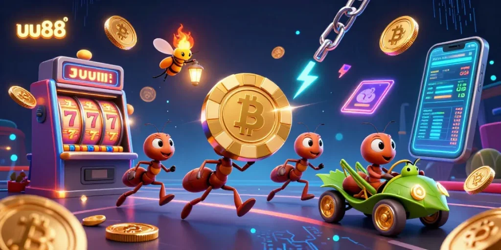 Experience the thrill of uu88 as ants execute a heist with a massive poker chip amidst exciting slot game elements and crypto coins.