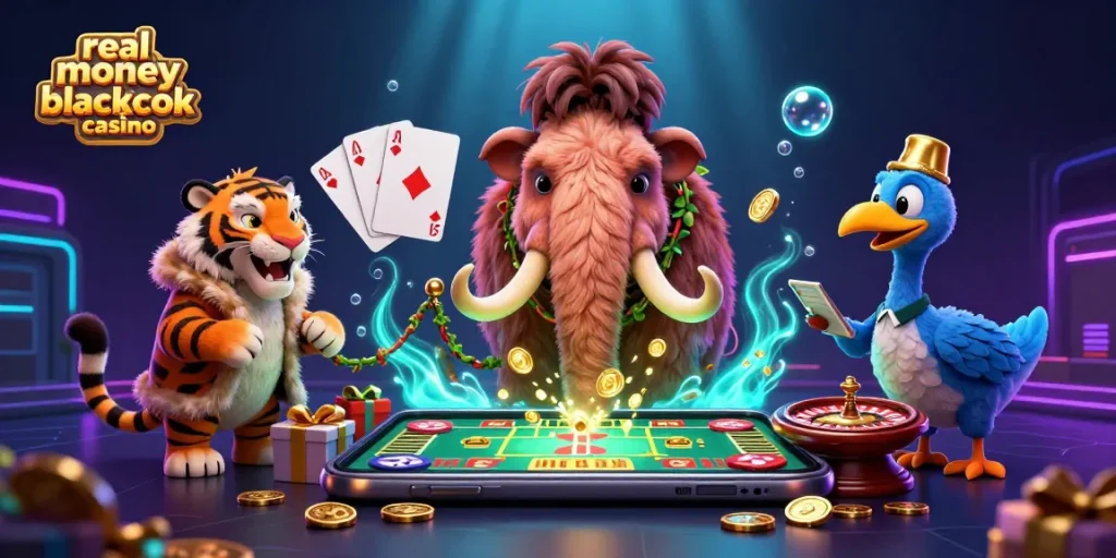 Experience the excitement at a real money online blackjack casino with cartoon characters set in a vibrant scene.