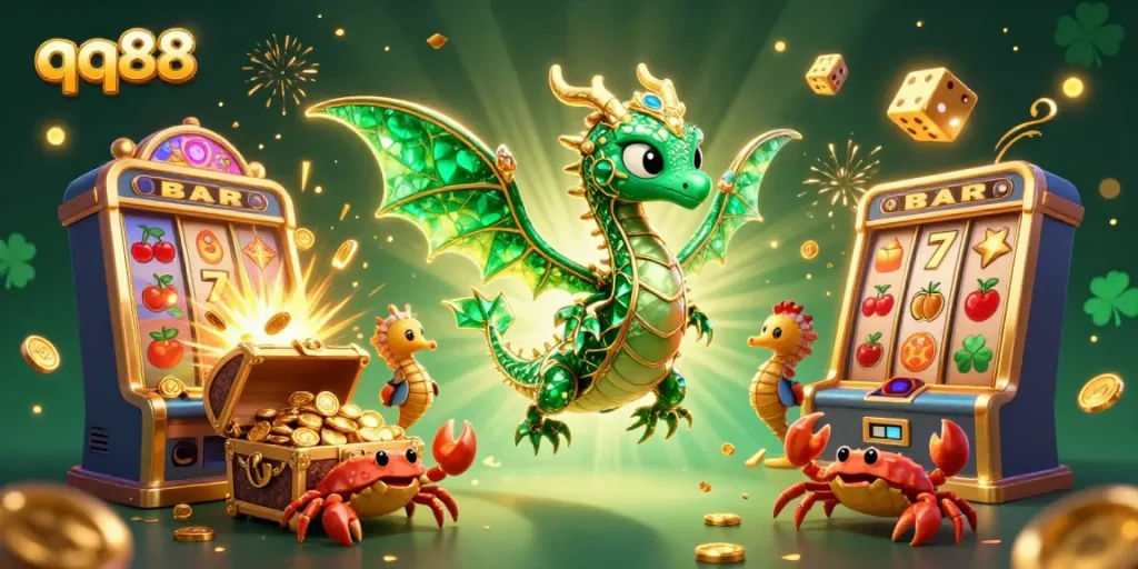 Experience qq88's vibrant casino world with a treasure-filled 3D illustration featuring slot machines and sea creatures.