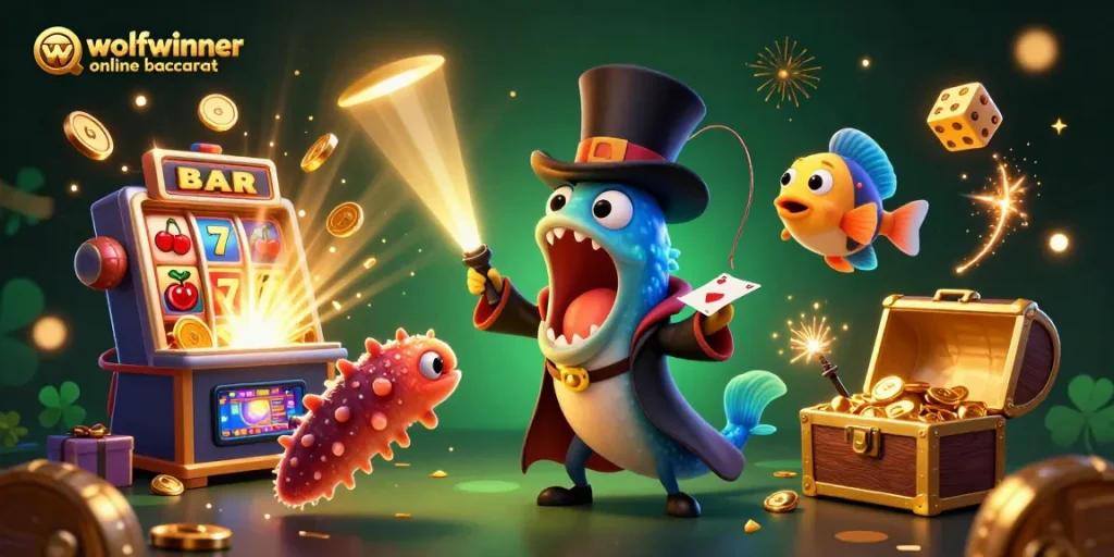 wolfwinner online baccarat enchanting game illustration with bioluminescent characters performing magic tricks.