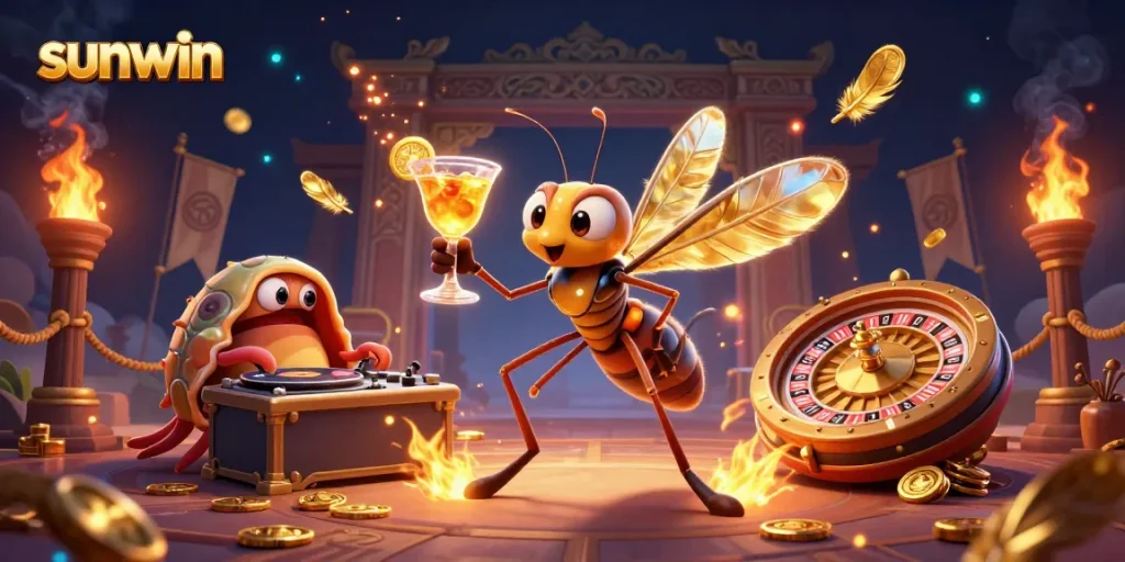 Experience the thrill of sunwin with an animated casino scene featuring a unique frozen mosquito mascot and dynamic roulette.