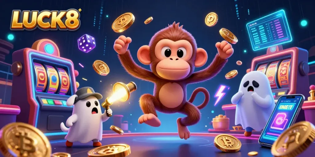LUCK8 immerses gamblers in a lively casino scene with a mischievous monkey and curious puppy amidst golden treasures.