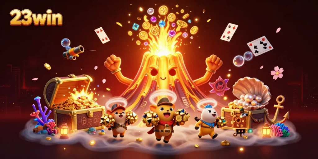 Experience thrill and adventure with 23win's golden volcano and treasure-filled underwater scene.