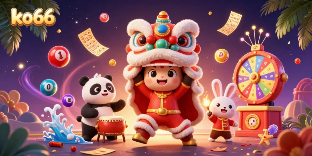 Experience exciting wins at ko66 with vibrant games, colorful lottery balls, and festive characters!