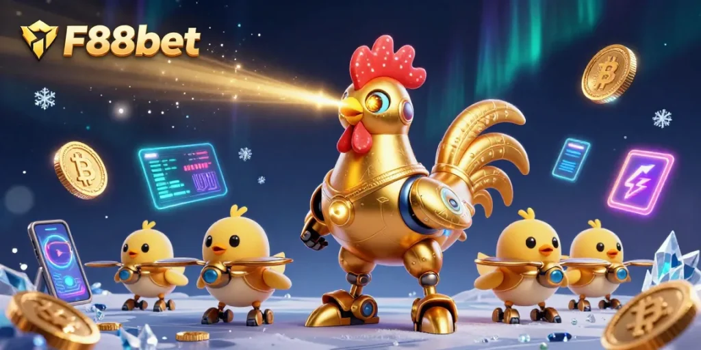 F88bet offers dynamic gaming experiences with a vibrant 3D illustration of a golden rooster robot and crypto coins.