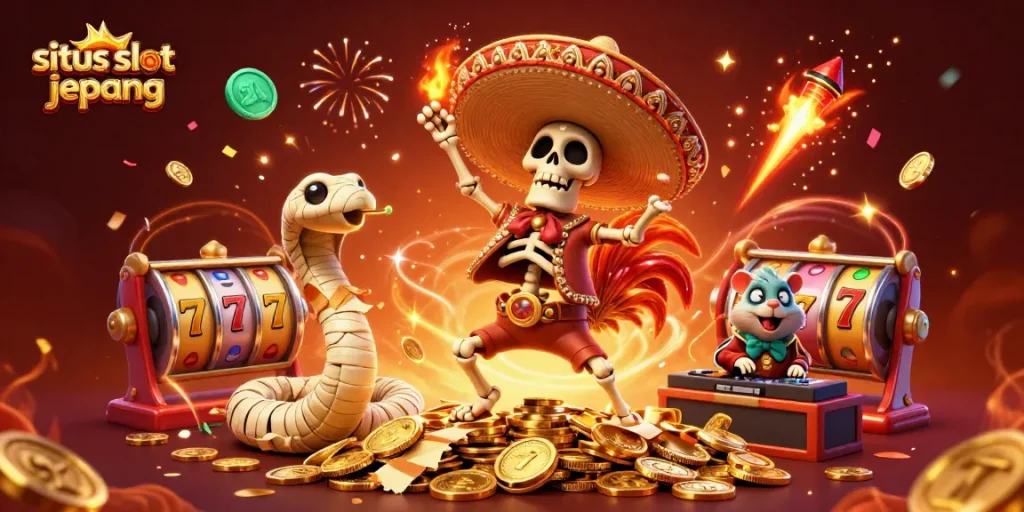 Spin the reels at situs slot jepang with vibrant 3D characters celebrating the gaming experience.