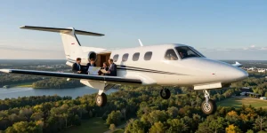 Flight charter Ontario in a Piper PA-31 Navajo over scenic landscapes, showcasing spacious comfort for business leaders.