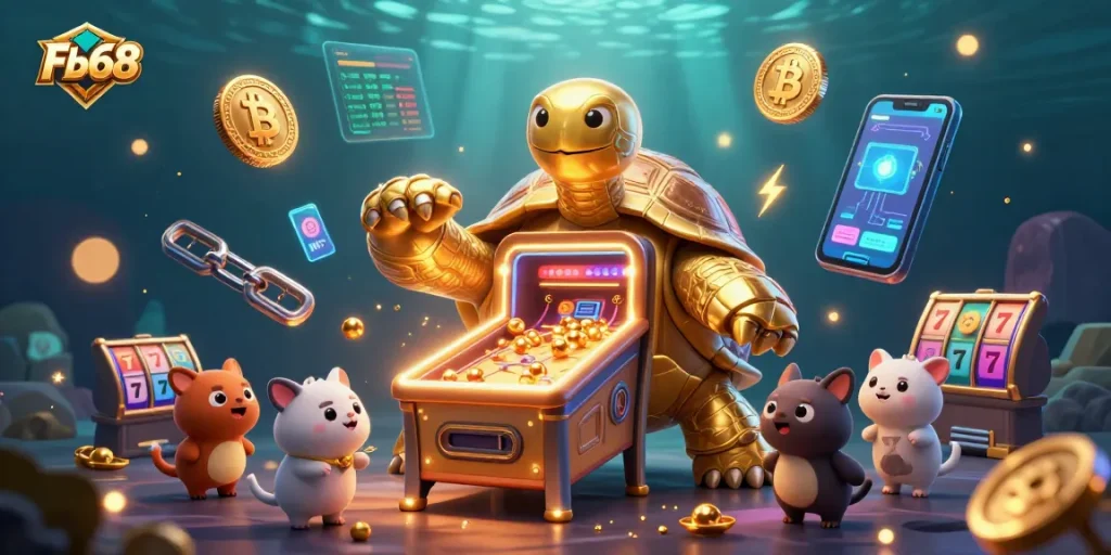 Engage with Fb68 in a vibrant 3D casino scene featuring a golden tortoise pinball machine.