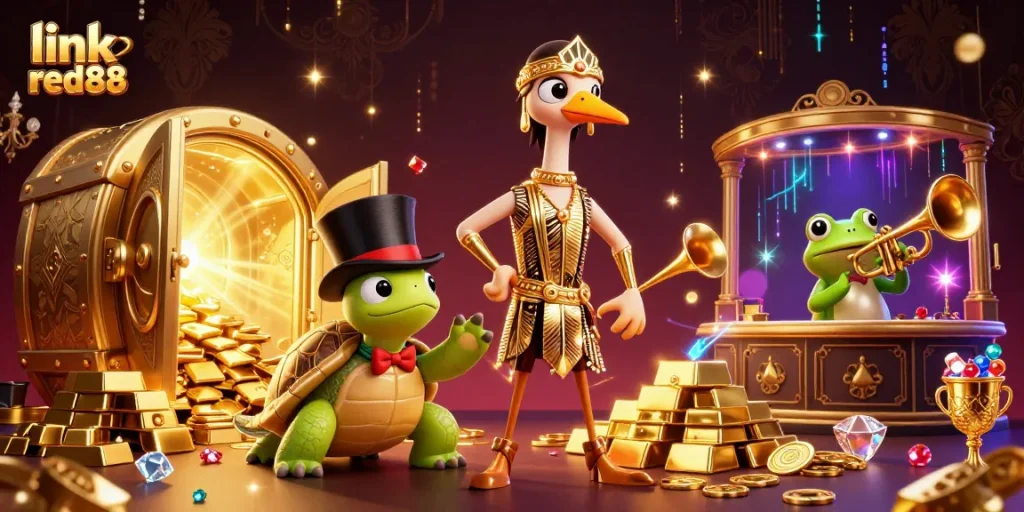 Engage with the excitement of link red88 at a dazzling 3D casino scene featuring cartoon characters and golden treasures.