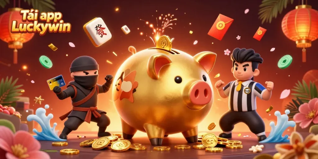 Tải app Luckywin to access a thrilling gaming experience with vibrant characters and energetic casino elements.
