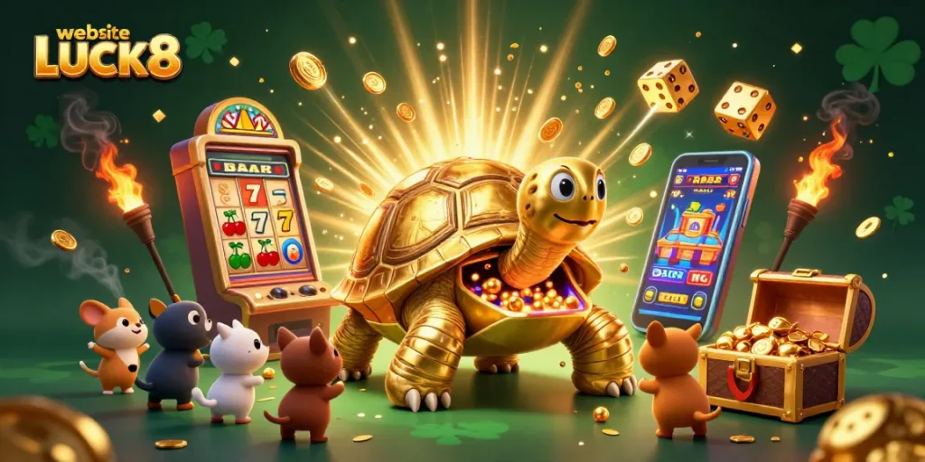 Play exciting games on the website LUCK8 with vibrant 3D illustrations of jackpots and casino elements.