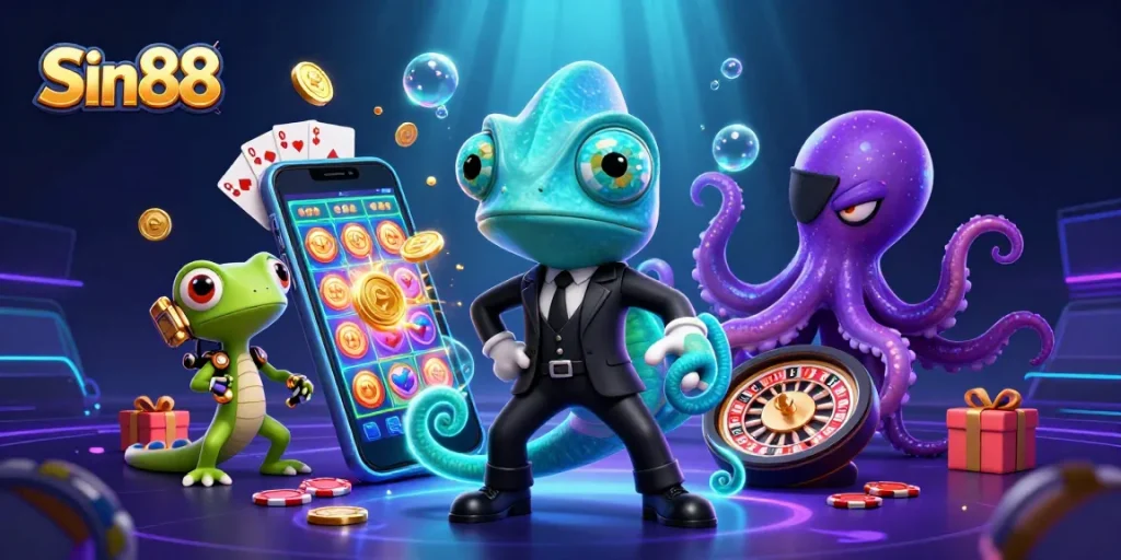 Sin88 offers exciting gaming experiences with a vibrant 3D casino illustration showcasing thrilling elements.