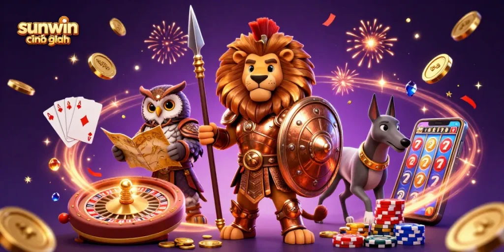 Engage with sunwin chính hãng in a vibrant 3D casino scene filled with golden coins, roulette, and lively characters.