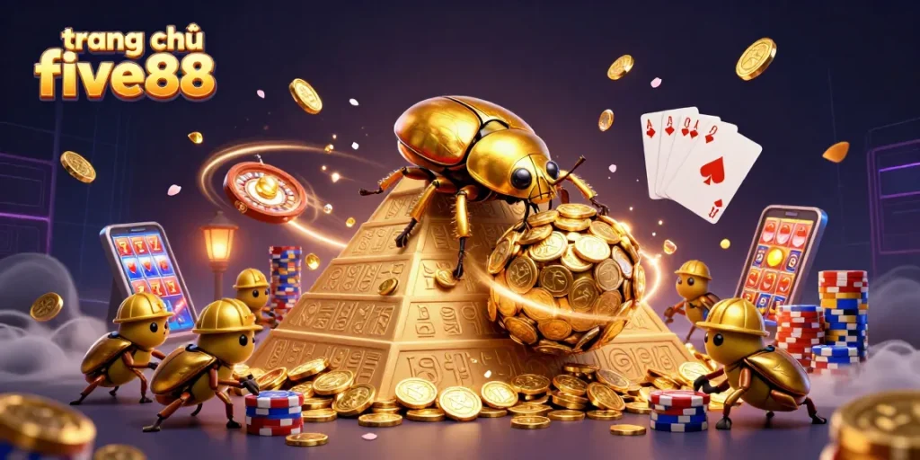Engage with thrilling gameplay on trang chủ five88 where golden coins and casino symbols dominate the scene.