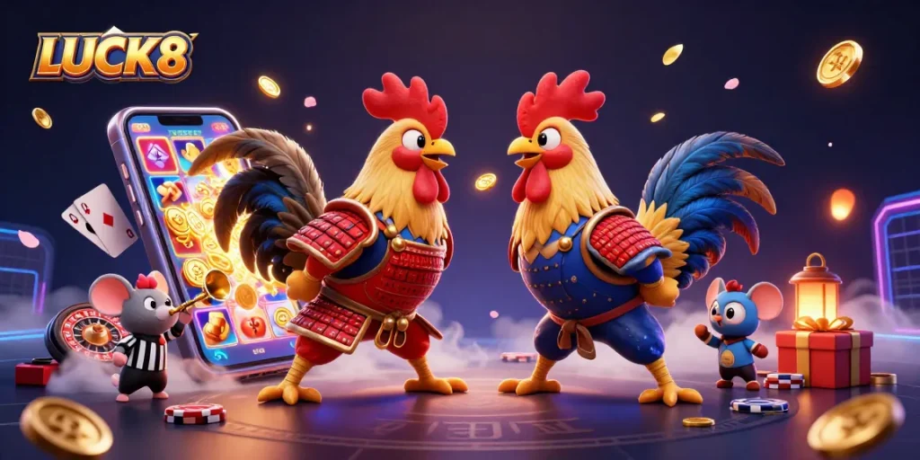 LUCK8 introduces thrilling gameplay with fighting roosters and vibrant casino elements in a dynamic scene.